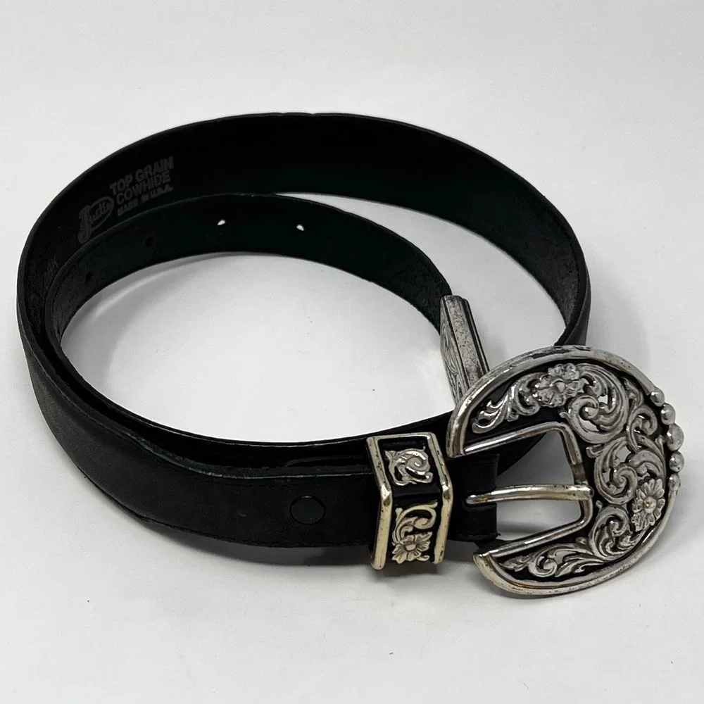 Vintage Justin Black Leather Western Belt Floral Silver Buckle 28 540BK Made USA - Picture 3 of 5